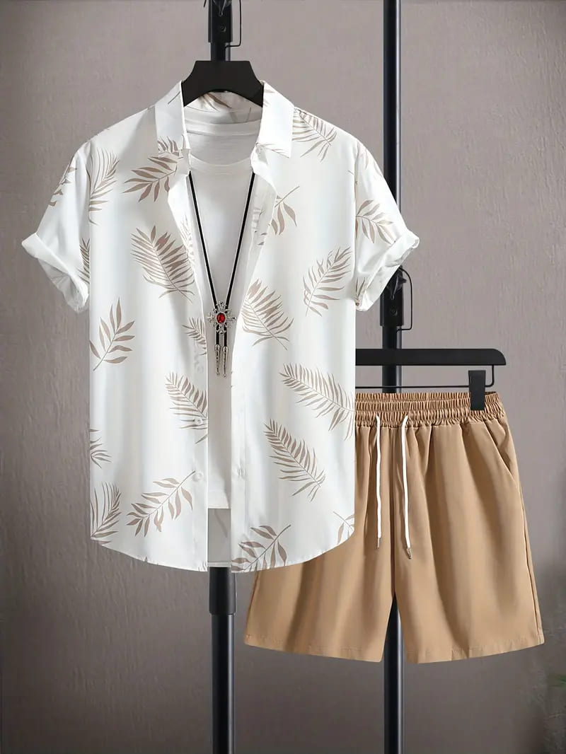 Men's Two-Piece Leaf Print Button-Up Shirt and Shorts Set